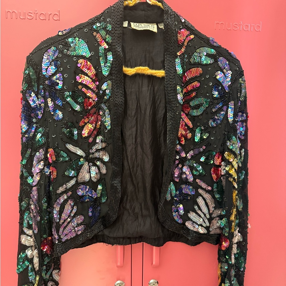Vintage Cropped Sequin Silk Embellished Black Jacket